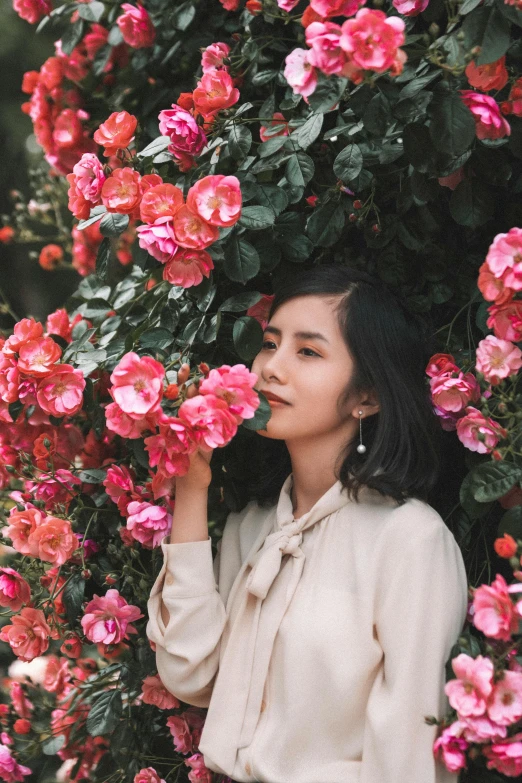 a woman standing in front of a bush of pink flowers, inspired by Ruth Jên, trending on unsplash, ulzzang, red roses, vietnamese woman, thoughtful pose