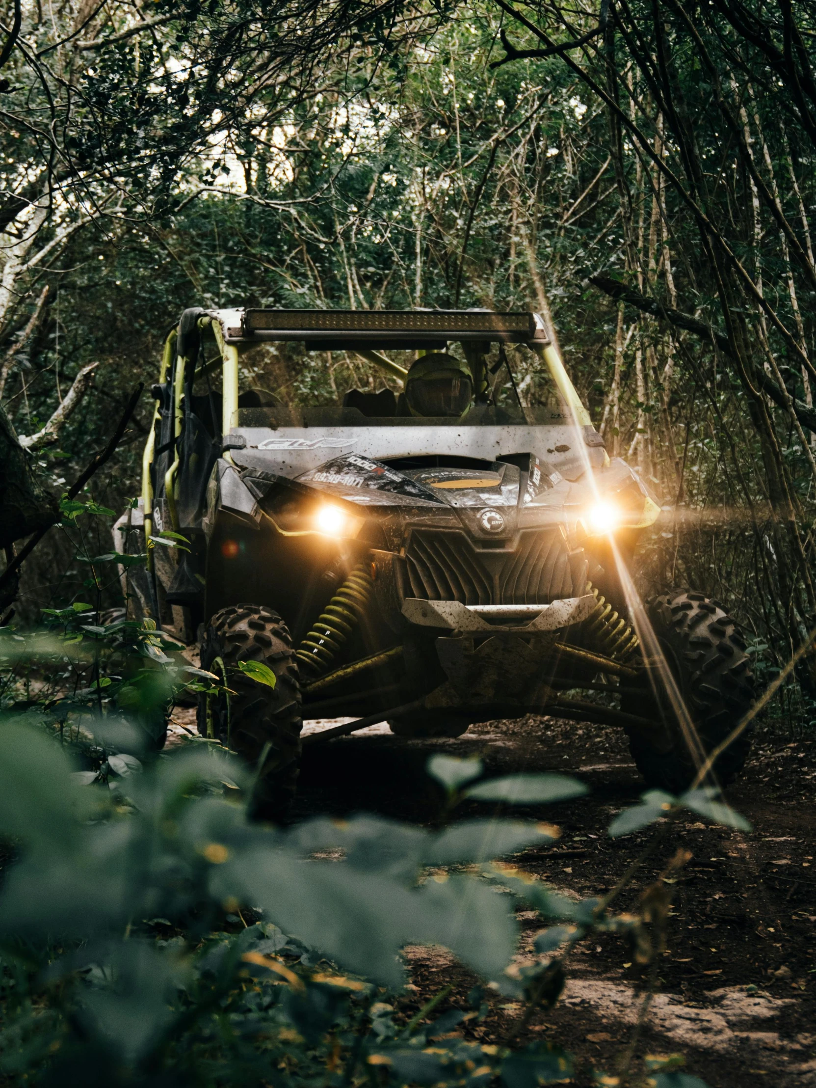 a jeep driving through a lush green forest, a portrait, by Greg Rutkowski, ultra 4k, batmobile, lights on, mx2