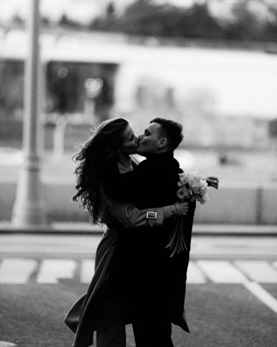 a black and white photo of a couple kissing, a black and white photo, unsplash, romanticism, square, carrying flowers, 8k)), maxim shirkov