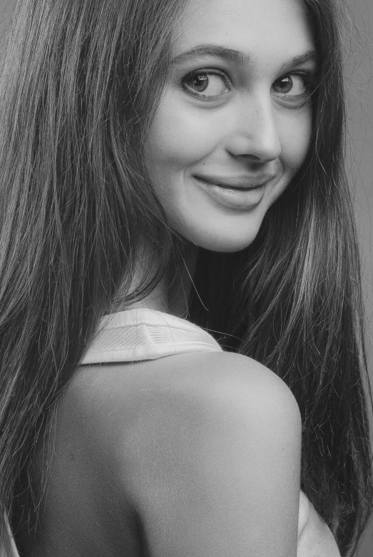 a black and white photo of a woman with long hair, reddit, smiling fashion model face, 16k upscaled image, artem chebokha, low detail