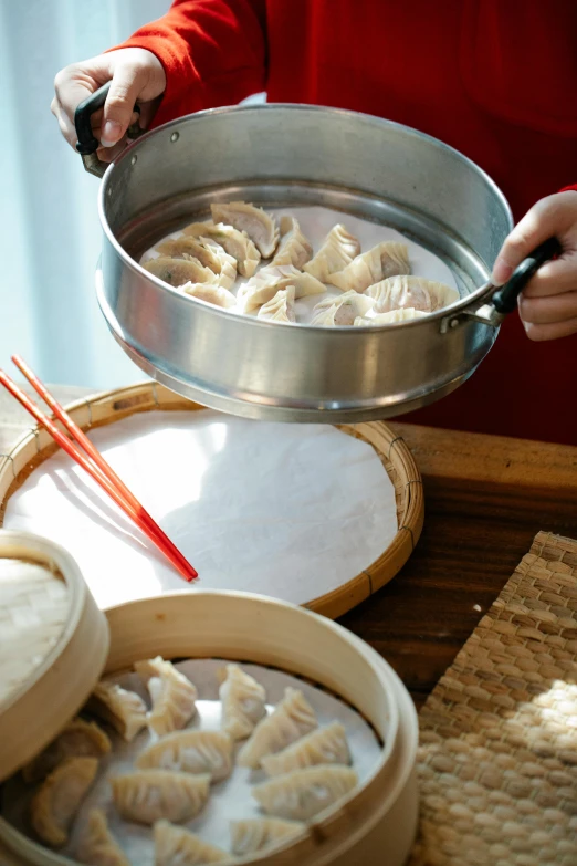 a close up of a person holding a pan of food, dumplings on a plate, floating chinese lampoons, straining, 4l