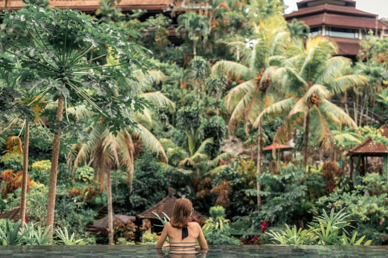 a woman standing in the middle of a swimming pool, sumatraism, lush trees and flowers, 🦩🪐🐞👩🏻🦳, sit on the edge of swimming pool, iconic scene