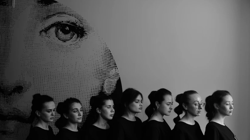 a group of women standing next to each other, a black and white photo, by Anna Füssli, face made of notation, pixar portrait 8 k photo, saatchi art, profile putin