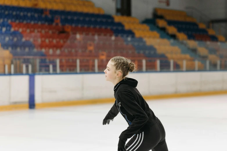 a woman riding a skateboard on top of an ice rink, a portrait, shutterstock, arabesque, digital photo, square, a blond, portrait sophie mudd