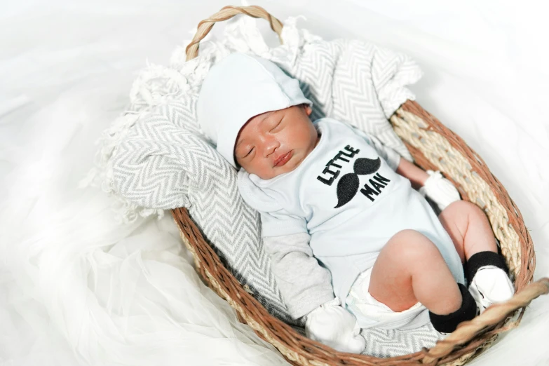 a close up of a baby in a basket, instagram, happening, grey mustache, official product photo, white, hero shot