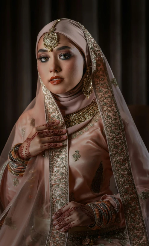 a beautiful young woman dressed in a traditional indian bridal, a character portrait, by Basuki Abdullah, pexels contest winner, hyperrealism, flowing salmon-colored silk, cinematic. by leng jun, portait image, hijab