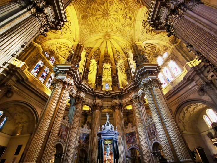 a view of the inside of a cathedral, baroque, golden pillars, dome of wonders, profile image, gopro photo