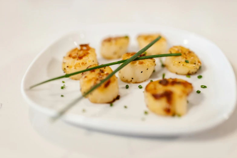 a white plate topped with scallops and chives, by Carey Morris, unsplash, square, on a white table, shiny crisp finish, animation