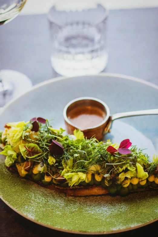 a close up of a plate of food on a table, inspired by Richmond Barthé, unsplash, fancy dressing, avocado, yellow seaweed, roadside