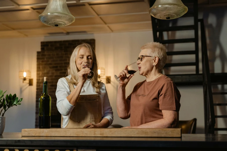 a couple of women standing next to each other, by Lee Loughridge, pexels contest winner, drinking wine, at the counter, avatar image, aged