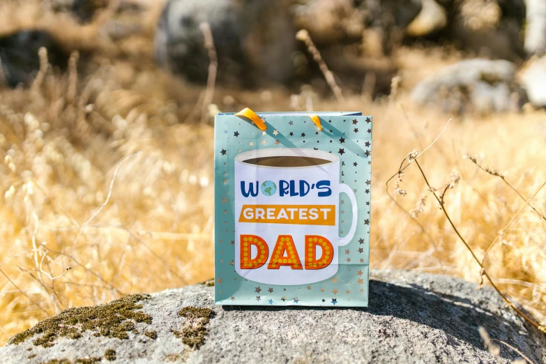 a cup of coffee sitting on top of a rock, a portrait, i'm dad, whole card, indi creates, full product shot