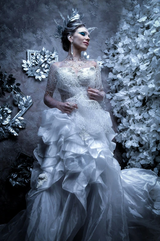 a woman in a wedding dress standing in front of a christmas tree, inspired by Nadim Karam, baroque, official store photo, ice queen, closeup!!!!!!, in style of lam manh