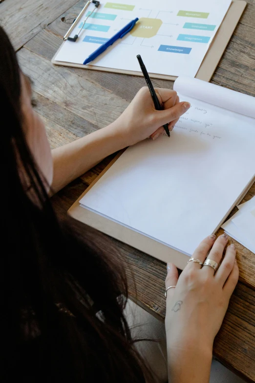 a woman sitting at a table writing on a piece of paper, a drawing, inspired by Ruth Jên, pexels contest winner, holding a clipboard, product design, cardboard, white paper