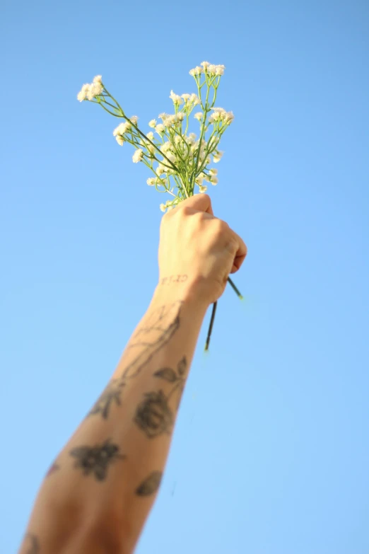 a person holding a bunch of flowers up in the air, a tattoo, clean blue sky, promo image, stick and poke, xxxtentacion