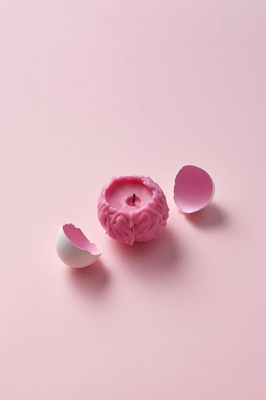 a piece of cake sitting on top of a pink surface, hatching, inside the flower, back towards camera, eggs