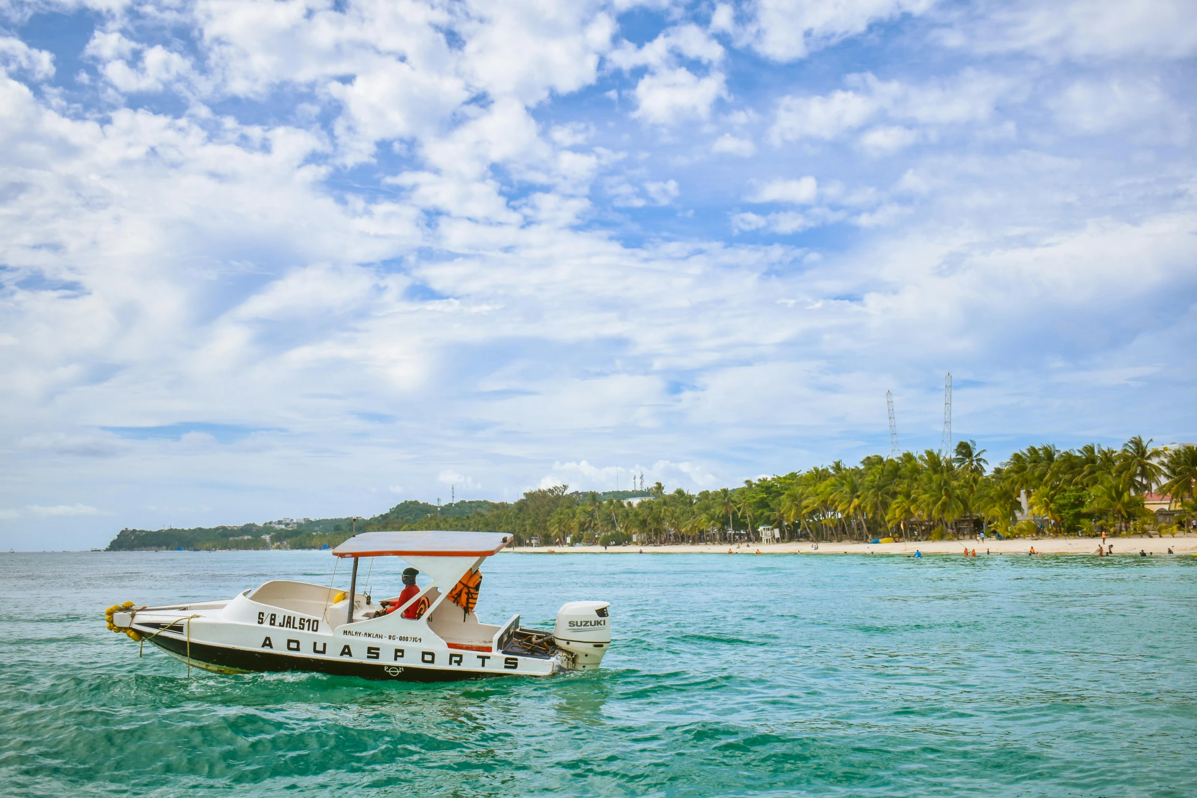 a couple of people that are on a boat in the water, pexels contest winner, standing on a beach in boracay, panoramic shot, thumbnail, puerto rico