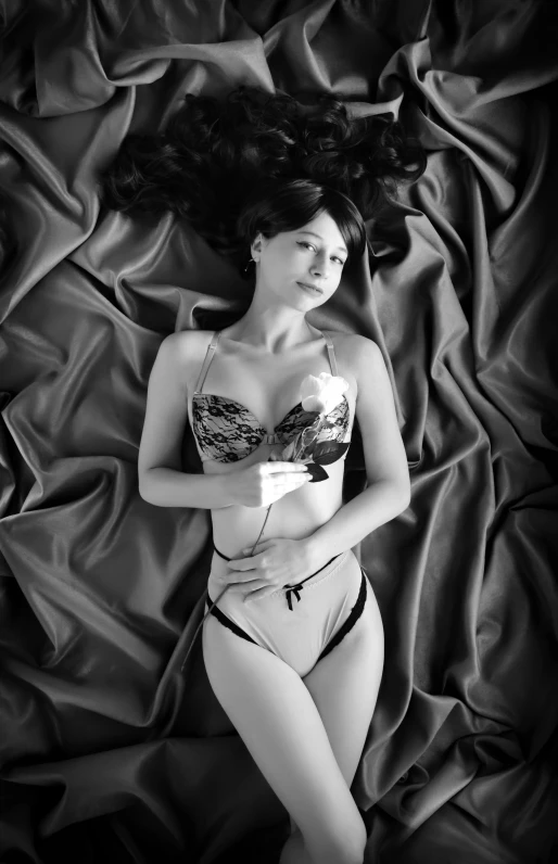 a black and white photo of a woman in lingerie, by Ayami Kojima, studio medium format photograph, vivid), 中 元 节, satin