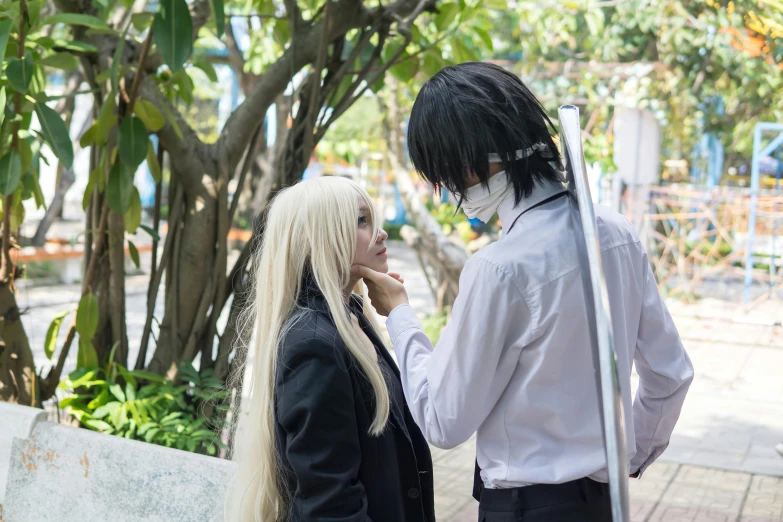 a couple of people standing next to each other, inspired by Okumura Togyu, romanticism, cosplayer, profile image, white long hair, cosplay photo