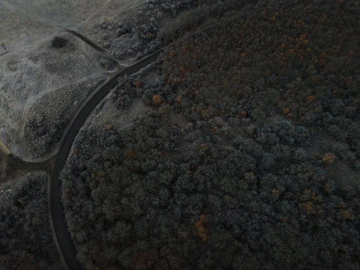 an aerial view of a winding road through a forest, by Adam Marczyński, tonalism, background ( dark _ smokiness ), grey, late autumn, helicopter view