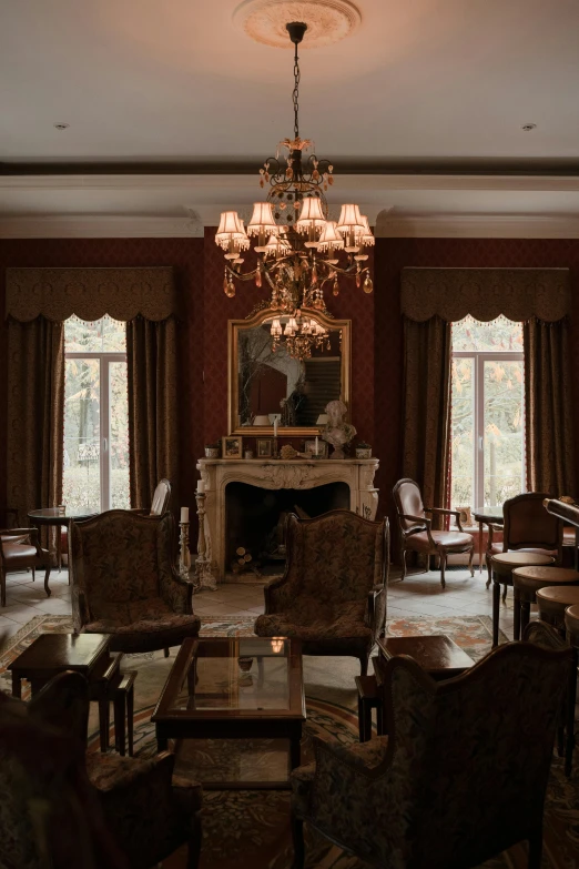 a living room filled with furniture and a fire place, art nouveau, gentleman's club lounge, chandeliers, shot with sony alpha 1 camera, 2 5 6 x 2 5 6 pixels