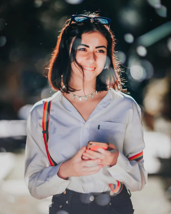 a woman walking down a street holding an apple, trending on pexels, happening, pale-skinned persian girl, bokeh photo, wearing collar, she is holding a smartphone