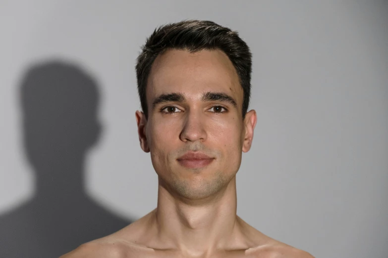 a man with no shirt on posing for a picture, a character portrait, pexels contest winner, hyperrealism, prominent cheekbones, clear julian lage face, scientific photo, professional profile picture