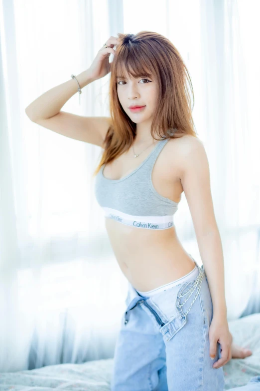 a woman standing on top of a bed next to a window, by Sengai, instagram, tachisme, wearing a sexy cropped top, 奈良美智, wearing : tanktop, headshot profile picture