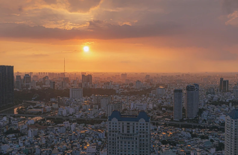 the sun is setting over a large city, a picture, unsplash contest winner, ao dai, square, hyperdetailed, skyline