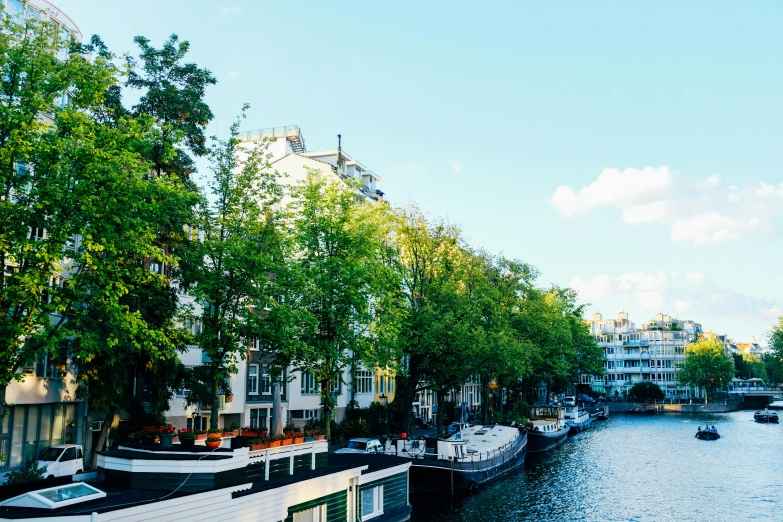 a river filled with lots of boats next to tall buildings, by Emanuel de Witte, pexels contest winner, vibrant greenery outside, white houses, railing along the canal, summer light