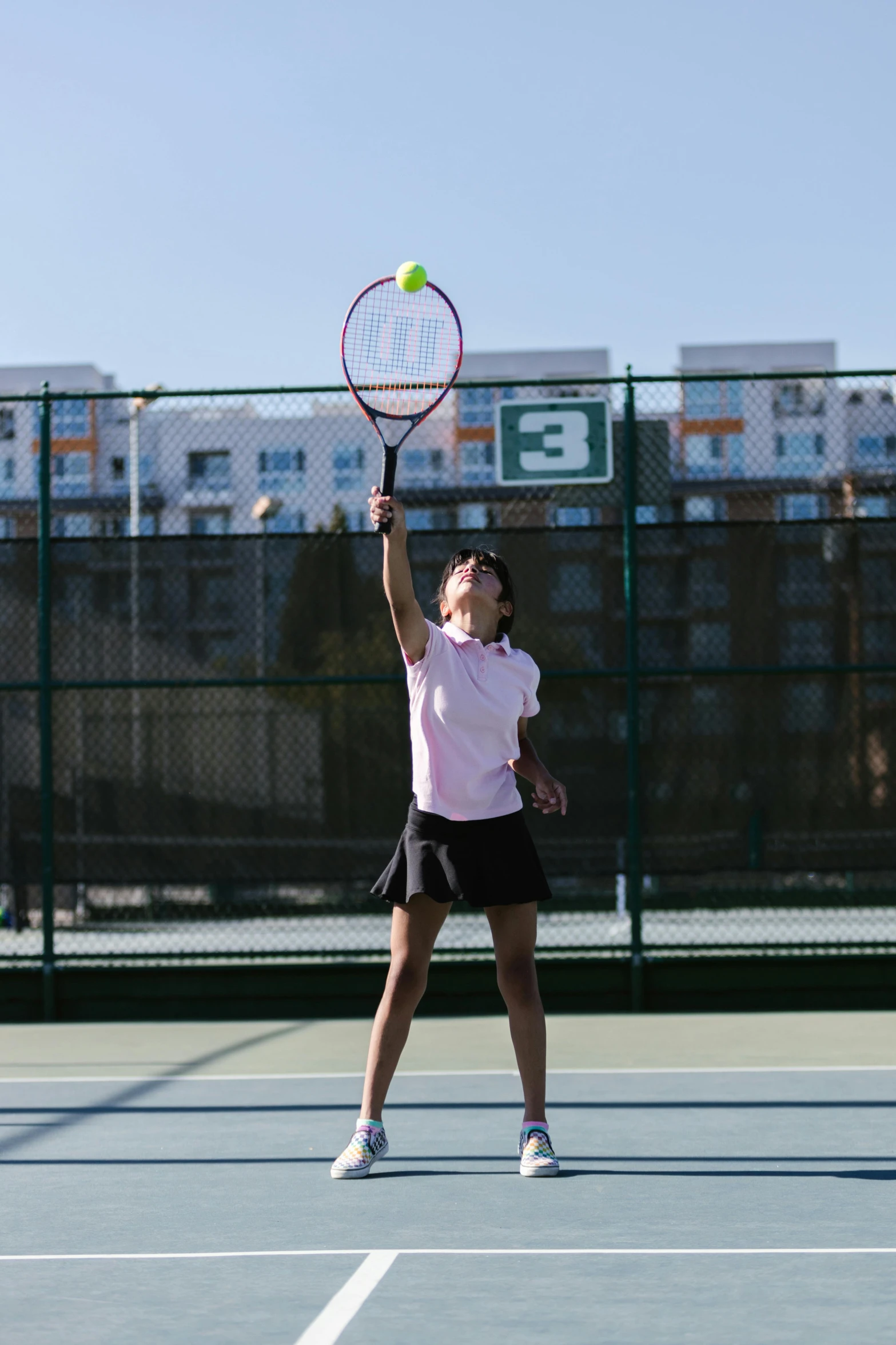 a woman holding a tennis racquet on a tennis court, by Robert Medley, happening, louise zhang, square, high school, medium-shot