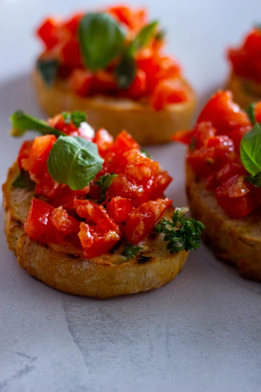 a close up of small appetizers on a plate, a digital rendering, inspired by Michelangelo Buonarotti, pexels, tomato, breads, mint, toast