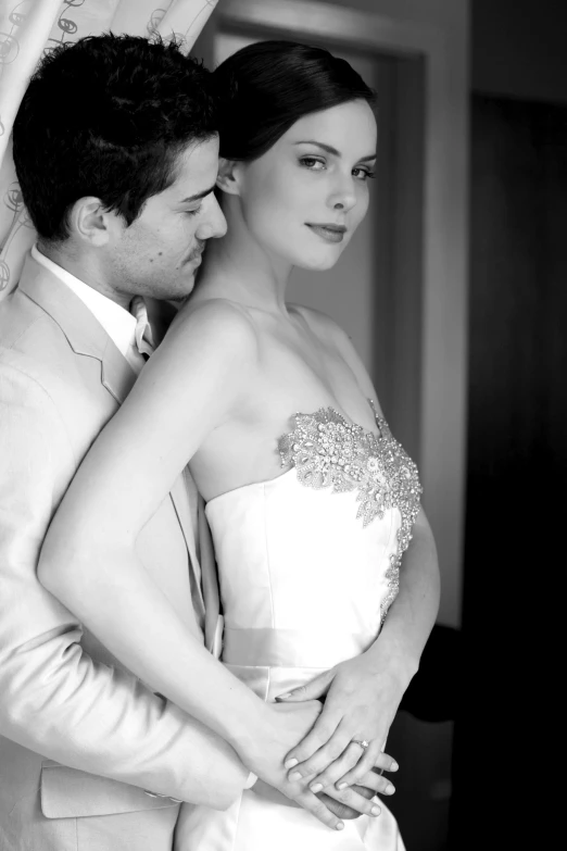 a black and white photo of a bride and groom, by Pat Adams, bvlgari, beautiful”