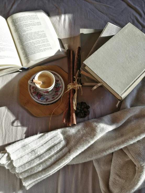 an open book sitting on top of a bed next to a cup of coffee, a still life, inspired by Cassandra Austen, pexels contest winner, fingerless gloves, (3 are winter, wooden magic wand, white grey color palette