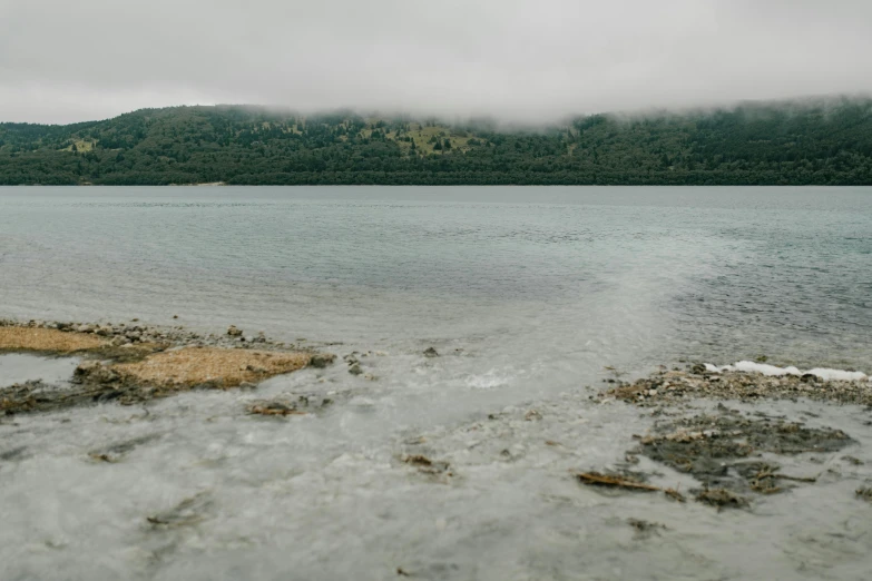 a large body of water with a mountain in the background, by Jessie Algie, unsplash, hurufiyya, overcast lake, kahikatea, low quality photo, icy landscape