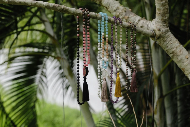 a bunch of beads hanging from a tree branch, yoga, in a jungle, curated collection, exterior shot