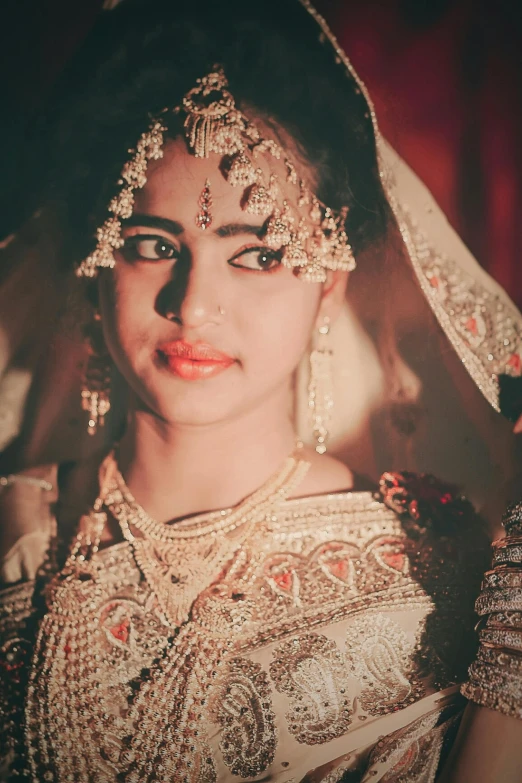 a beautiful indian bride posing for the camera, an album cover, pexels contest winner, bengal school of art, grainy, square, dramatic lighting; 4k 8k, instagram story