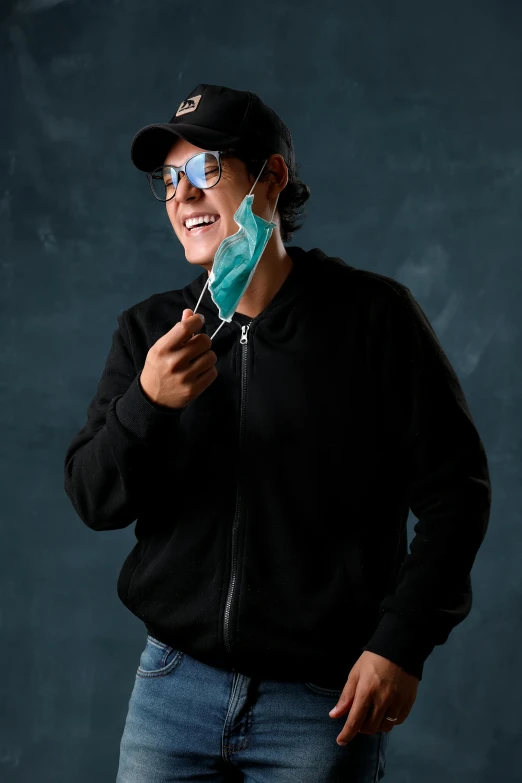 a man wearing a face mask and holding a toothbrush, an airbrush painting, by James Warhola, pexels contest winner, wearing black glasses, wearing jeans and a black hoodie, studio photoshot, tooth wu : : quixel megascans