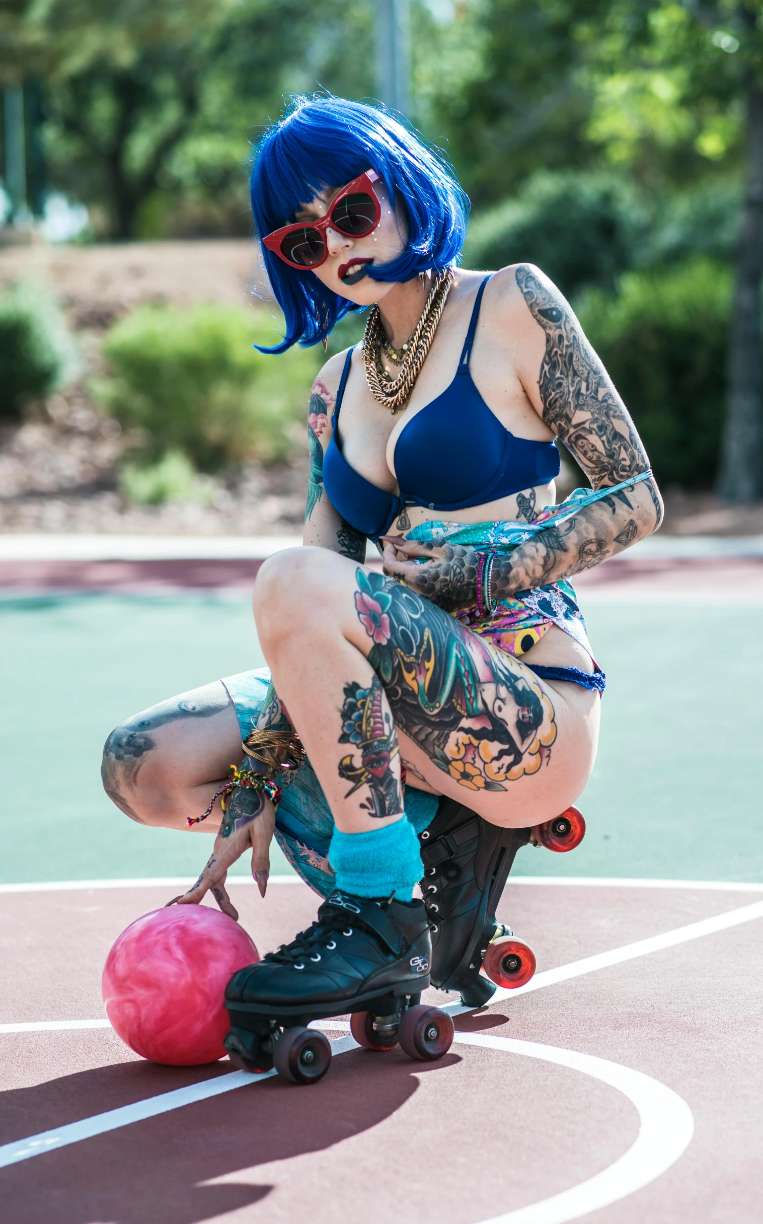 a woman with blue hair sitting on a skateboard, a tattoo, blue undergarments, 15081959 21121991 01012000 4k, no watermark, colorful ink