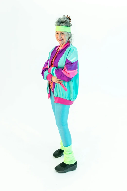 a woman in a colorful outfit posing for a picture, inspired by Lambert Jacobsz, 8 0 s sport clothing, lynn skordal, full body character, promo image