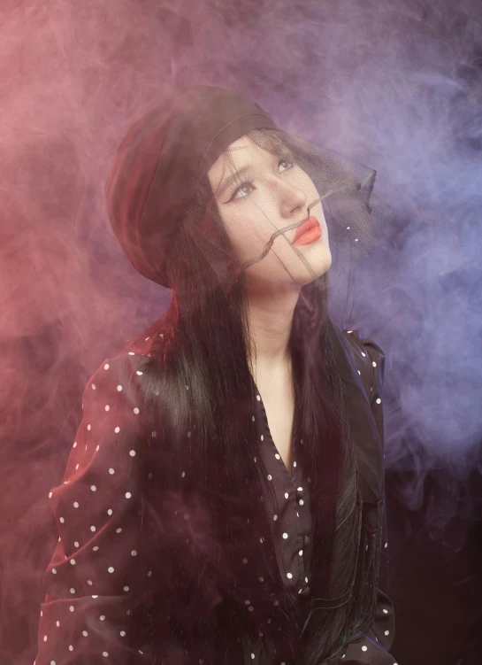 a woman with long black hair smoking a cigarette, a colorized photo, trending on pexels, cai xukun, black smoke particles, (((mist))), wearing black old dress and hat