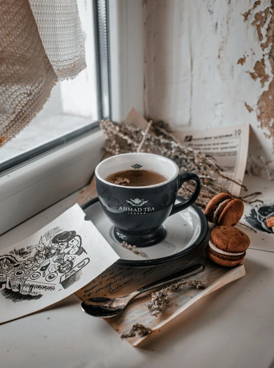 a cup of coffee sitting on top of a window sill, a still life, inspired by Alexander Roslin, pexels contest winner, steampunk aesthetic, 4k polymer clay food photography, grey, black