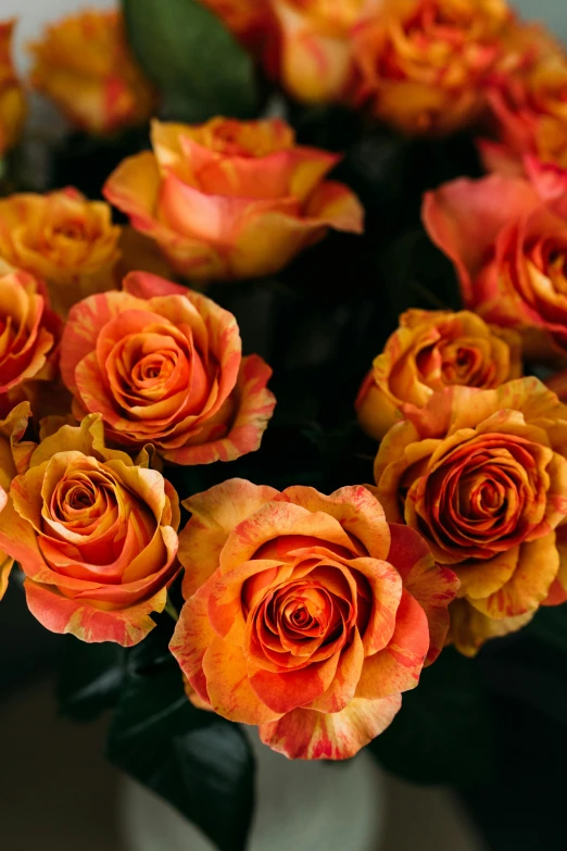 a bouquet of orange roses in a vase, a digital rendering, by Hyman Bloom, trending on unsplash, baroque, closeup - view, shades of gold display naturally, pinks, award winning