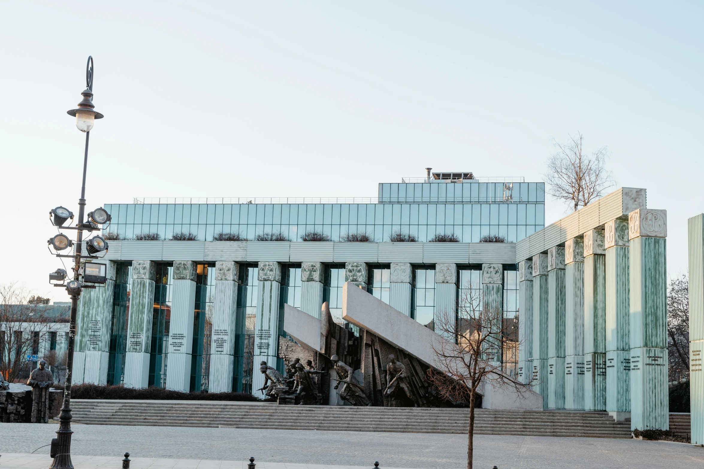 a building with a staircase in front of it, a marble sculpture, inspired by Józef Pankiewicz, brutalism, stalingrad, mirror and glass surfaces, tomb, thumbnail