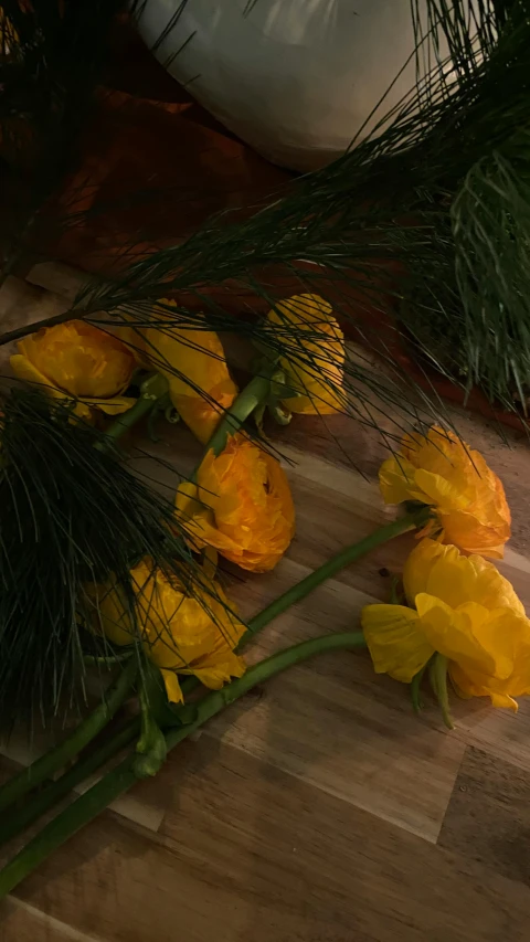 a bunch of yellow flowers sitting on top of a wooden floor, a still life, pexels, hurufiyya, dark grey and orange colours, pine, dead but beautiful. poppies, full product shot