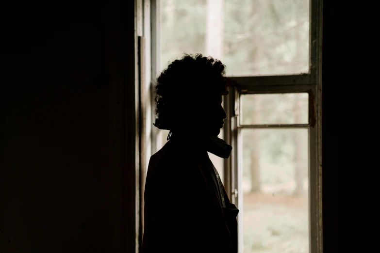 a silhouette of a person standing in front of a window, pexels contest winner, australian tonalism, curly afro, concerned, beautiful surroundings, afternoon light