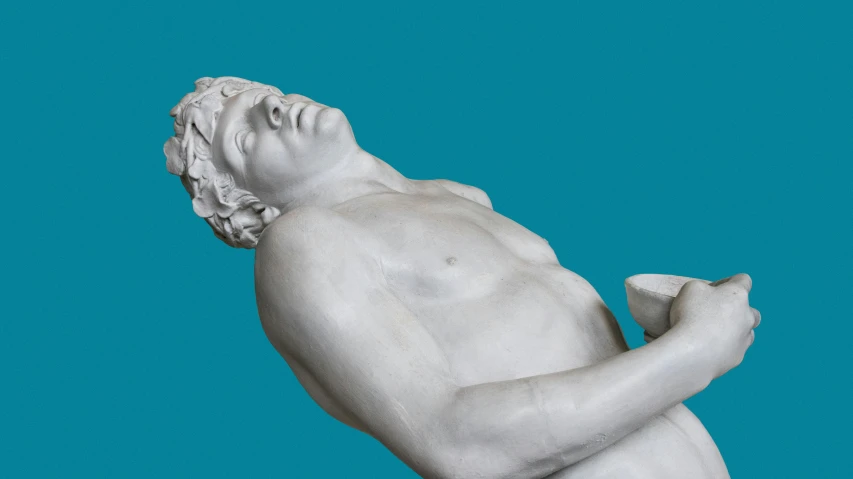 a statue of a man holding a cup, a marble sculpture, inspired by Nassos Daphnis, mannerism, lying dynamic pose, nft art, lachlan bailey, head and chest only