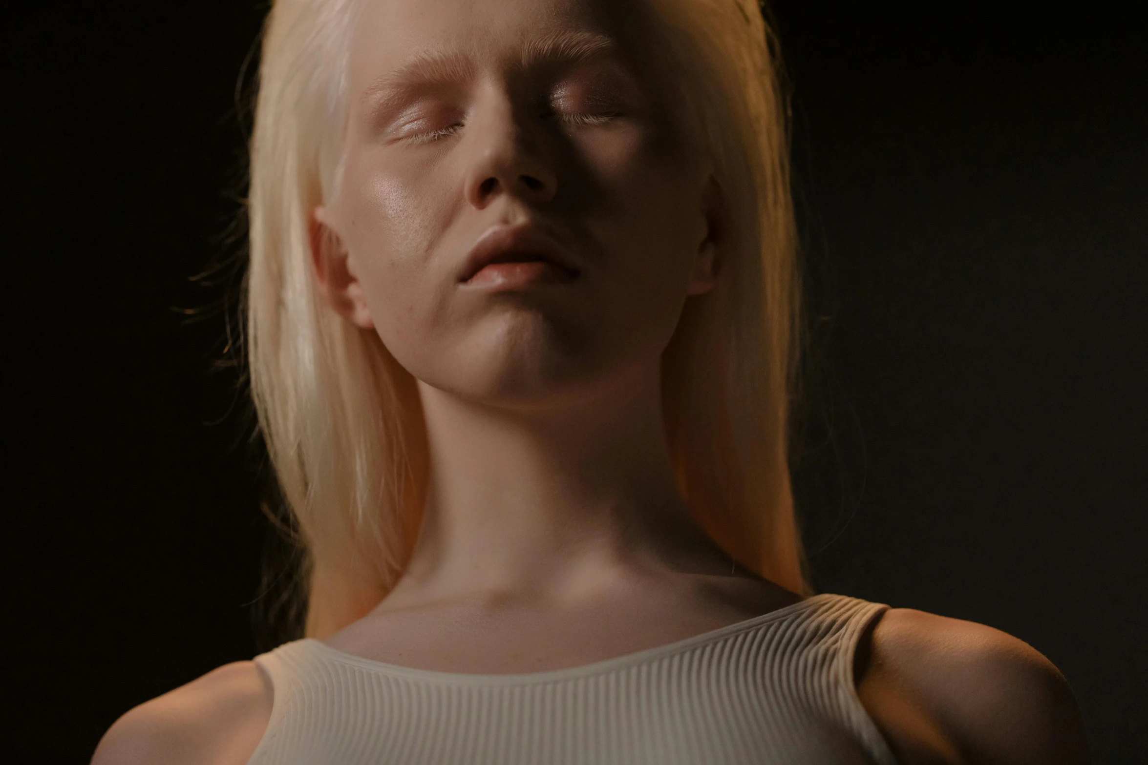 a close up of a person with blonde hair, a statue, inspired by Vanessa Beecroft, massurrealism, die antwoord music video, 3 d demo reel avatar, intense albino, anya taylor-joy