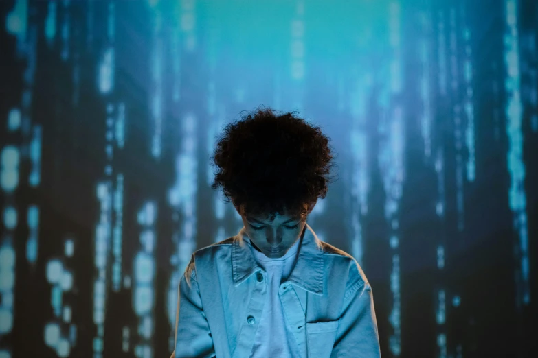 a close up of a person using a cell phone, an album cover, by James Morris, pexels, holography, curly afro, matrix code, full body backlight, declan mckenna