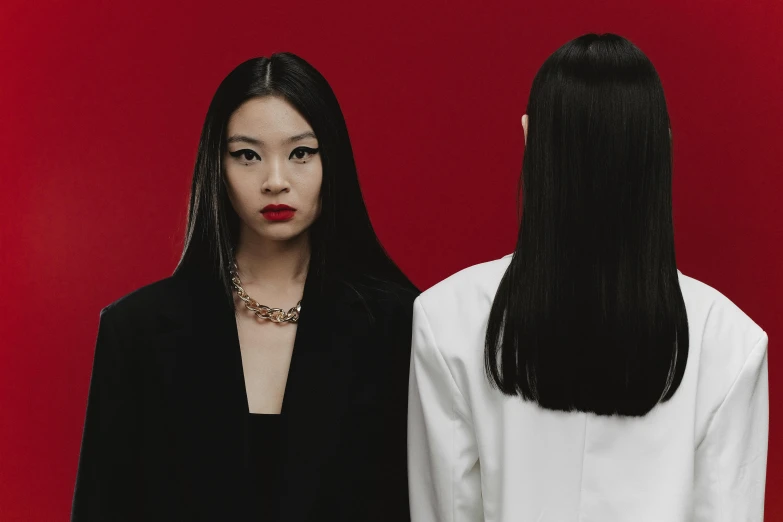 two women standing next to each other in front of a red background, an album cover, inspired by Wang Duo, trending on pexels, set against a white background, alessio albi and shin jeongho, black elegant hair, half and half