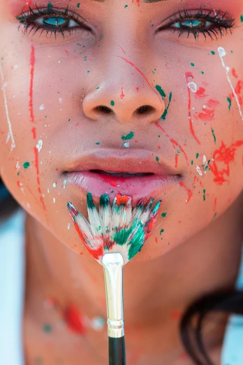 a close up of a person with paint on their face, pexels contest winner, action painting, putting on lipgloss, childish, spatter, ( ( brush stroke ) )